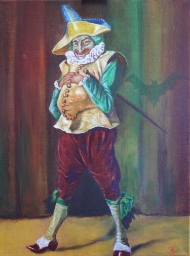 Painting titled "Le Joker" by Stephane Louveau, Original Artwork, Oil Mounted on Wood Stretcher frame