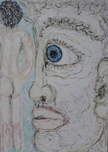 Dessin intitulée "Rencontre (nu mascu…" par Lou Ysar, Œuvre d'art originale, Stylo à bille