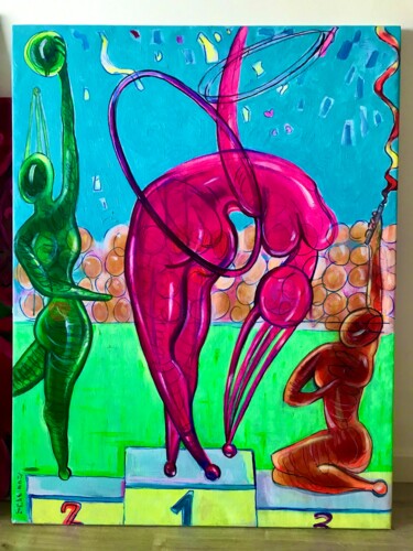 Painting titled "Gymnastic" by Loveenergy Style Contemporary Unique Art, Original Artwork, Oil Mounted on Wood Stretcher fra…