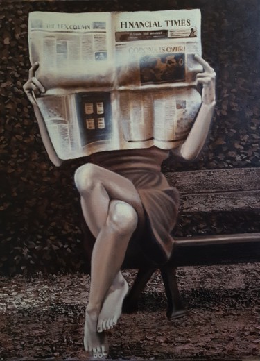 Painting titled "Girl with a newspap…" by Jacek Łoziński, Original Artwork, Acrylic