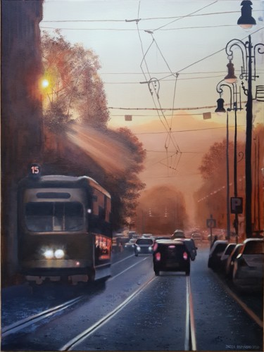 Painting titled "Krakow tram" by Jacek Łoziński, Original Artwork, Acrylic