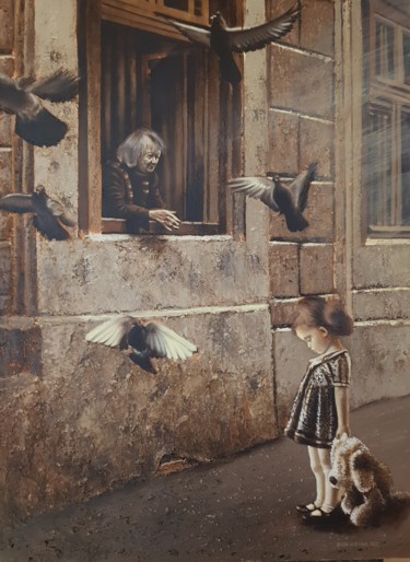 Peinture intitulée ""Walk with a teddy…" par Jacek Łoziński, Œuvre d'art originale, Acrylique