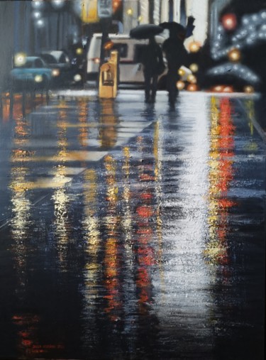Painting titled "Wet street" by Jacek Łoziński, Original Artwork, Acrylic