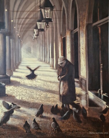 Malarstwo zatytułowany „Feeding the pigeons” autorstwa Jacek Łoziński, Oryginalna praca, Akryl