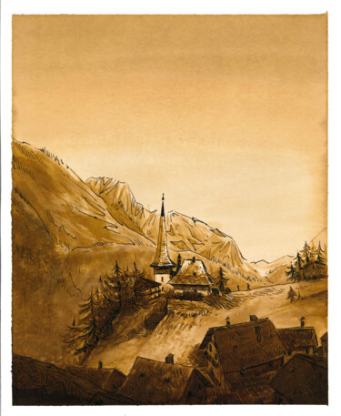 제목이 "Village Suisse"인 그림 Léo-Paul Mennessier로, 원작, 잉크