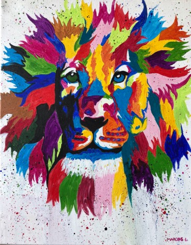 Painting titled "Lion multicolore" by Ludivine Marcos, Original Artwork, Acrylic