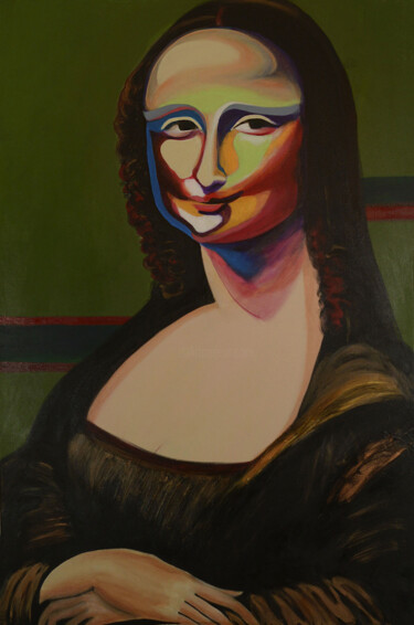 Schilderij getiteld "If Mona Lisa Smiled…" door Lu Meng, Origineel Kunstwerk, Acryl Gemonteerd op Frame voor houten brancard