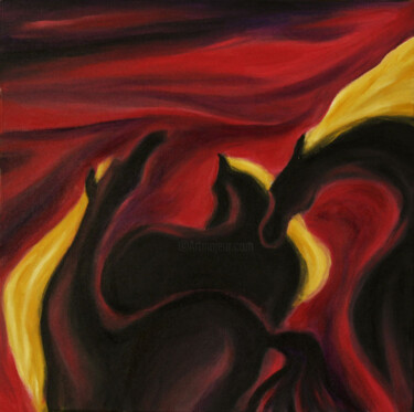 Painting titled "Black Horses" by Lu Meng, Original Artwork, Acrylic Mounted on Wood Stretcher frame