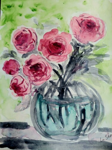 Painting titled "Pink roses in a cle…" by Lu Sho, Original Artwork, Watercolor