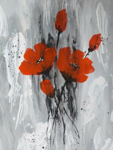 Painting titled "Abstract Red Poppies" by Lu Sho, Original Artwork, Acrylic