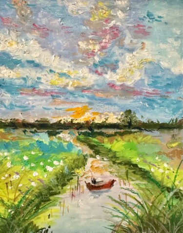 Painting titled "lac et champs" by Lu Xing, Original Artwork, Wax