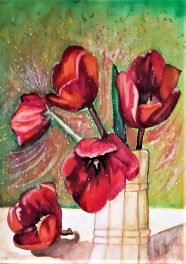 Painting titled "Tulipes rouge" by Luana Béatrice Lazar, Original Artwork, Watercolor