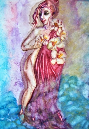 Painting titled "Dame aux orchidées" by Luana Béatrice Lazar, Original Artwork, Watercolor