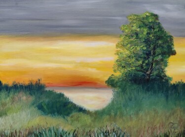 Painting titled "Autumn Sunset" by Luna Smith, Original Artwork, Oil Mounted on Wood Stretcher frame