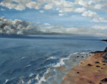 제목이 "Hawaiian Beach"인 미술작품 Luna Smith로, 원작, 기름 나무 들것 프레임에 장착됨