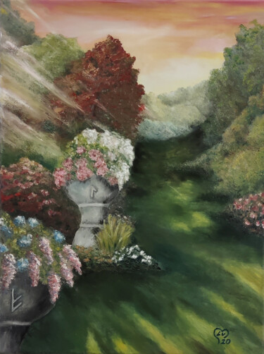 Painting titled "Secret Garden" by Luna Smith, Original Artwork, Oil Mounted on Wood Stretcher frame