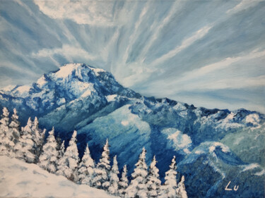 Painting titled "Snowy Mount Rainier" by Luna Smith, Original Artwork, Oil Mounted on Wood Stretcher frame