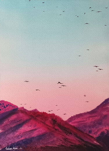 Картина под названием "Summit to the Sky 1" - Lubna Khan, Подлинное произведение искусства, Акварель