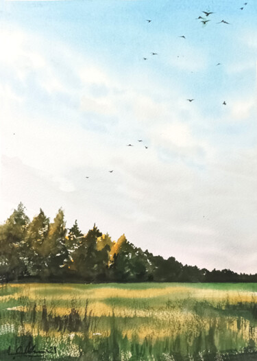 Malerei mit dem Titel "Morning Scene of na…" von Lubna Khan, Original-Kunstwerk, Aquarell