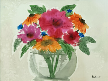 Painting titled "Blooms in a vase" by Lubna Khan, Original Artwork, Watercolor