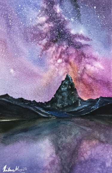 Malerei mit dem Titel "Violet Nebula" von Lubna Khan, Original-Kunstwerk, Aquarell