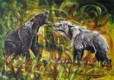Painting titled "Wild Europe-Bears" by Ľubomír Korenko, Original Artwork, Acrylic Mounted on Wood Stretcher frame