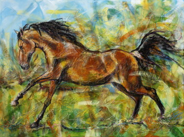 Schilderij getiteld "Wild run" door Ľubomír Korenko, Origineel Kunstwerk, Acryl Gemonteerd op Frame voor houten brancard