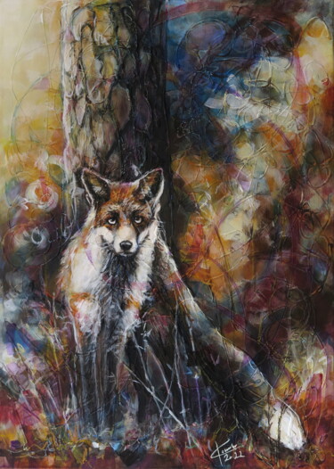 Malerei mit dem Titel "Hiding in the woods" von Ľubomír Korenko, Original-Kunstwerk, Acryl Auf Keilrahmen aus Holz montiert