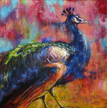 Schilderij getiteld "Peacock" door Ľubomír Korenko, Origineel Kunstwerk, Acryl Gemonteerd op Frame voor houten brancard