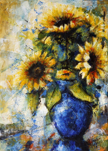 Painting titled "Sunflowers" by Ľubomír Korenko, Original Artwork, Acrylic Mounted on Wood Stretcher frame