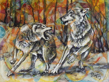 Malarstwo zatytułowany „The Forest Game” autorstwa Ľubomír Korenko, Oryginalna praca, Akryl Zamontowany na Drewniana rama no…