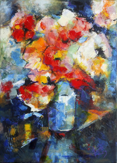 Painting titled "VASE FULL OF FLOWER…" by Ľubomír Korenko, Original Artwork, Acrylic Mounted on Wood Stretcher frame