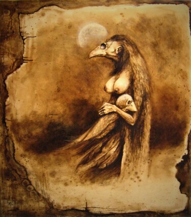 Painting titled "Raven mother" by Ľubomír Sinčák, Original Artwork, Acrylic Mounted on Wood Stretcher frame