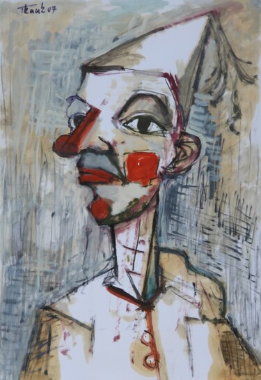 Painting titled "Clown with red a no…" by Lubomir Tkacik, Original Artwork, Oil