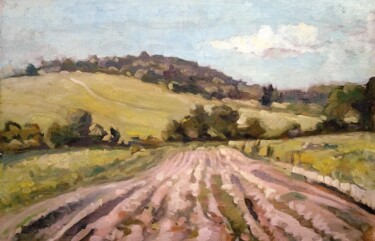 Painting titled "The Plowed Field in…" by Lubomir Tkacik, Original Artwork, Oil