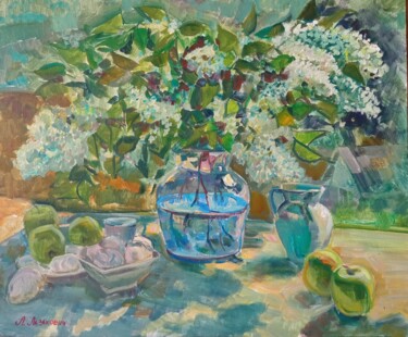 Peinture intitulée "Nature morte lilas…" par Liubov Lazakovich, Œuvre d'art originale, Huile Monté sur Carton