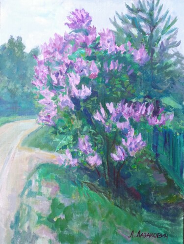 Painting titled ""Lilas au bord de l…" by Liubov Lazakovich, Original Artwork, Oil Mounted on Wood Stretcher frame