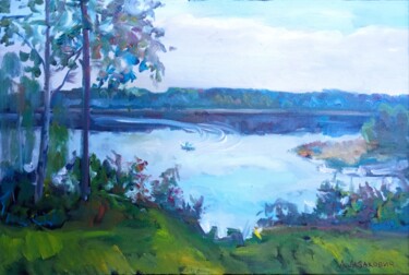 Painting titled "Soirée au lac Mstin…" by Liubov Lazakovich, Original Artwork, Oil Mounted on Wood Stretcher frame