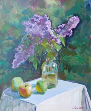 Peinture intitulée ""Lilas"/ "Lilac bus…" par Liubov Lazakovich, Œuvre d'art originale, Huile Monté sur Carton