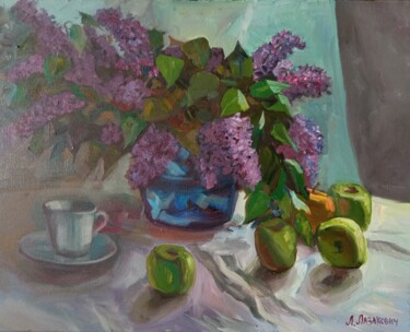 Painting titled "Lilas et contrazhur…" by Liubov Lazakovich, Original Artwork, Oil Mounted on Wood Stretcher frame