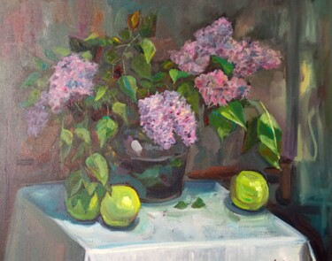 Painting titled "pommes et bouquet d…" by Liubov Lazakovich, Original Artwork, Oil Mounted on Wood Stretcher frame