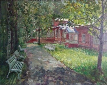Painting titled "Дом-музей И. Е. Реп…" by Liubov Lazakovich, Original Artwork, Oil Mounted on Wood Stretcher frame