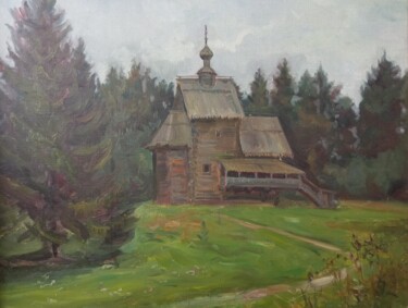 Painting titled "Vasilevo. Église du…" by Liubov Lazakovich, Original Artwork, Oil Mounted on Wood Stretcher frame