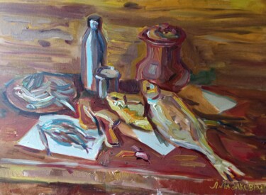 Painting titled "Рыба" by Liubov Lazakovich, Original Artwork, Oil Mounted on Cardboard