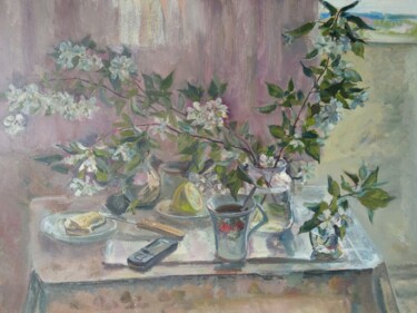 Картина под названием "Весенний завтрак" - Любовь Лазакович, Подлинное произведение искусства, Масло Установлен на картон