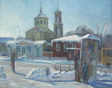 Painting titled "Зимний Торжок" by Liubov Lazakovich, Original Artwork, Oil Mounted on Wood Stretcher frame