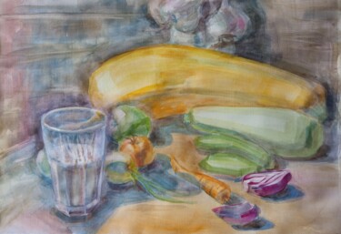 Картина под названием "Un verre de kéfir e…" - Любовь Лазакович, Подлинное произведение искусства, Акварель