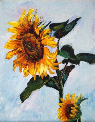 Painting titled "Sunflower" by Liubov Samoilova, Original Artwork, Oil Mounted on Cardboard