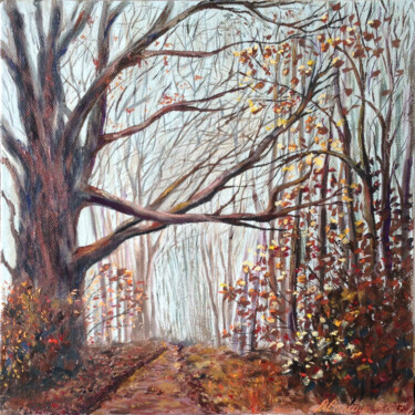 Painting titled "Forest in a misty h…" by Liubov Samoilova, Original Artwork, Oil Mounted on Other rigid panel