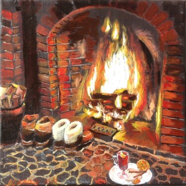 Peinture intitulée "Cosy up by the fire…" par Liubov Samoilova, Œuvre d'art originale, Huile Monté sur Châssis en bois